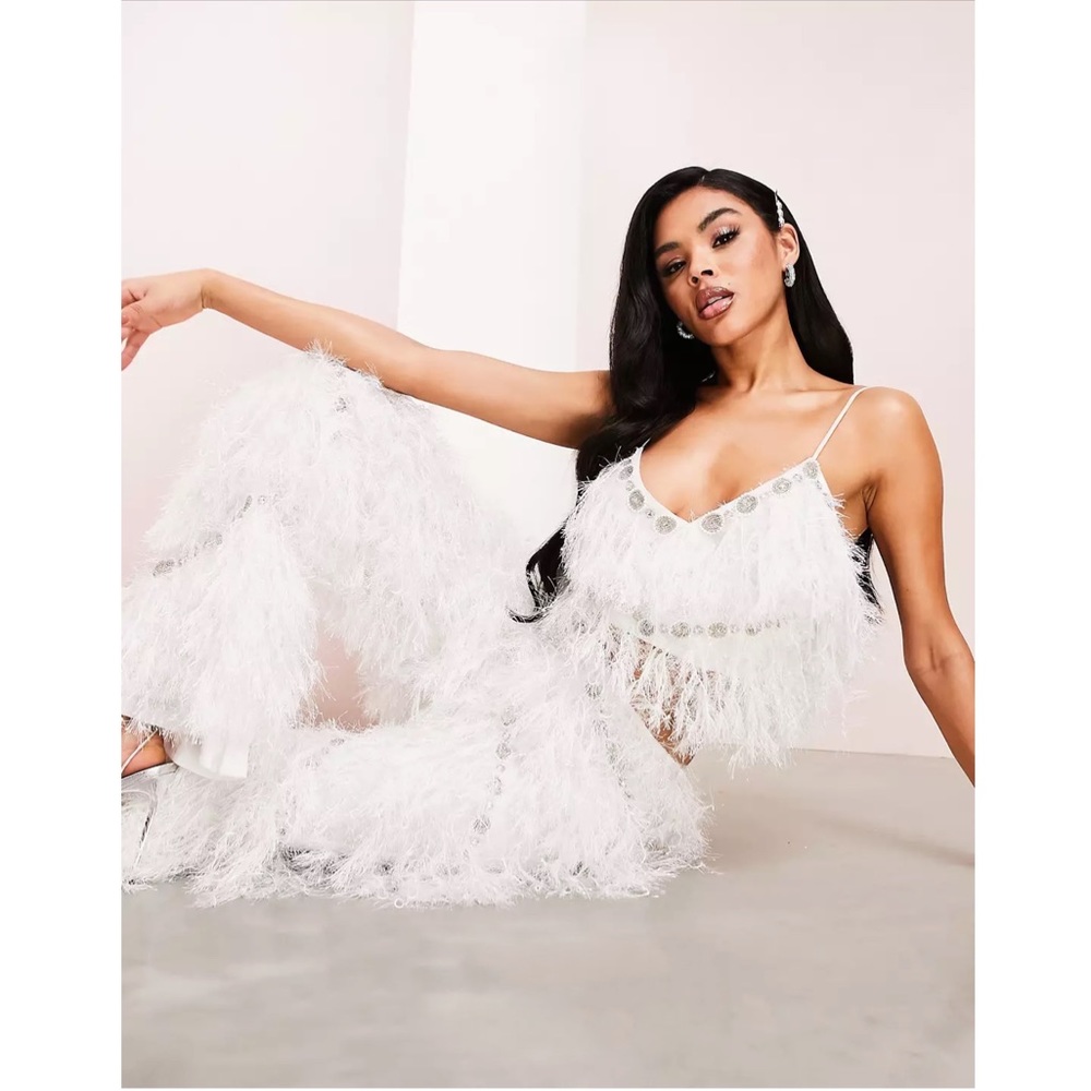 ASOS LUXE Faux Feather Pants w Embellishment NWT White - Picture 7 of 7